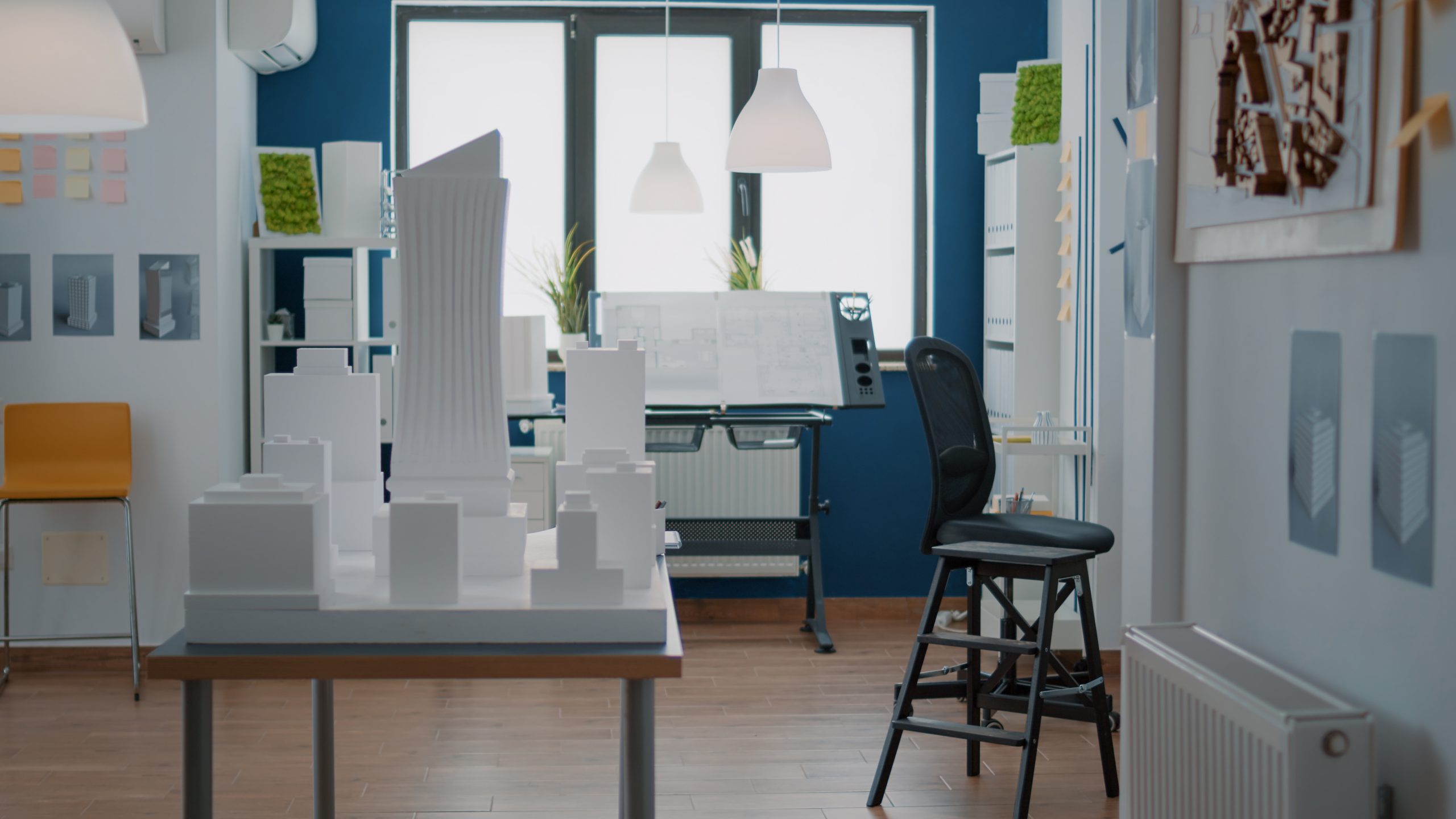 Chandwara empty technical office with real estate construction plan building model desk photo